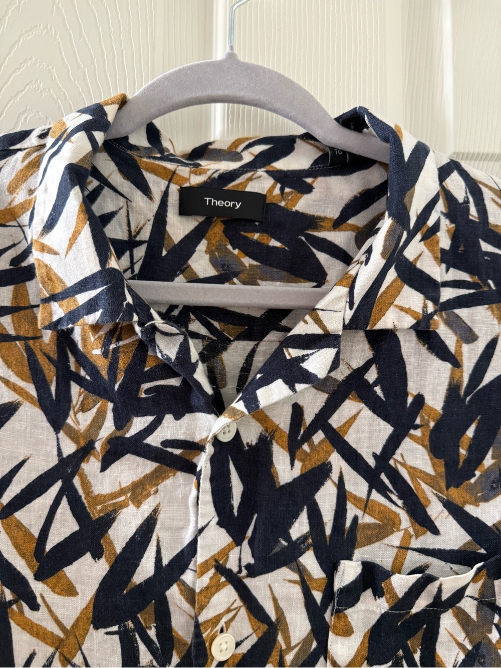 Theory Men's White Button-Up Shirt with Navy & Brown Abstract Brushprint